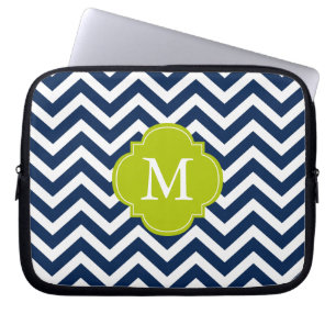 Monogram blauw en groen Zigzags Patroon Laptop Sleeve