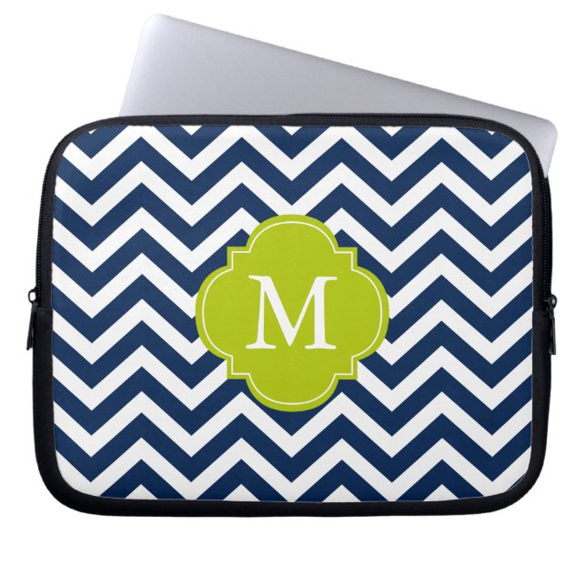 Monogram blauw en groen Zigzags Patroon Laptop Sleeve (Voorkant)