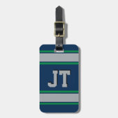 Monogram Blauw en Groene Sportstripes Bagagelabel (Voorkant verticaal)