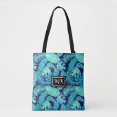 Monogram Blauw en Groene Tropische Bladeren op Zwa Tote Bag (Voorkant)