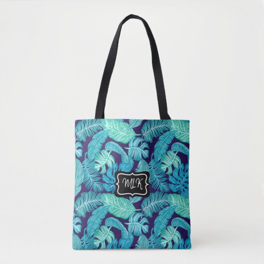 Monogram Blauw en Groene Tropische Bladeren op Zwa Tote Bag (Voorkant)