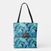 Monogram Blauw en Groene Tropische Bladeren op Zwa Tote Bag (Achterkant)