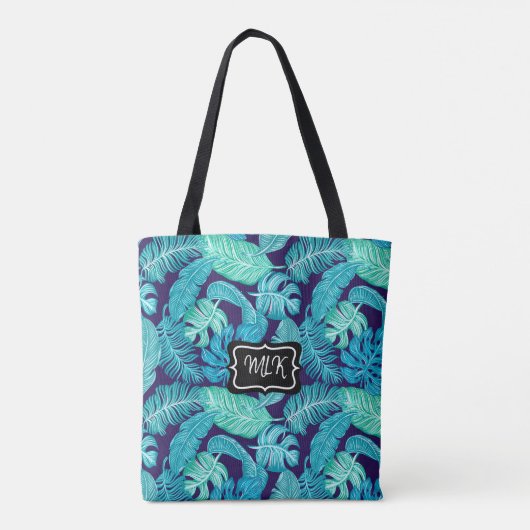Monogram Blauw en Groene Tropische Bladeren op Zwa Tote Bag (Achterkant)