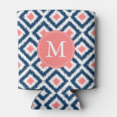 Monogram blauw en koraal Ikat Patroon Blikjeskoeler (Achterkant)