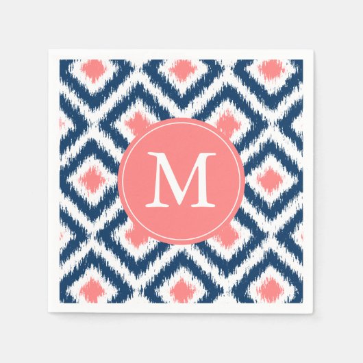 Monogram blauw en koraal Ikat Patroon Servetten (Voorkant)
