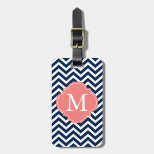 Monogram blauw en koraal zigzag Patroon Bagagelabel