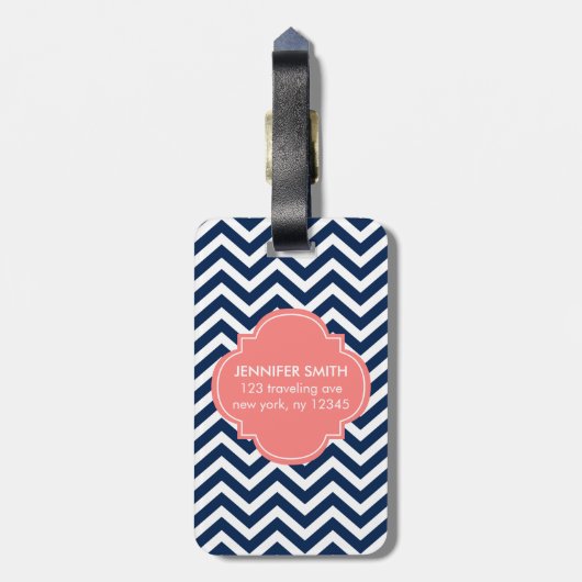 Monogram blauw en koraal zigzag Patroon Bagagelabel (Achterkant verticaal)