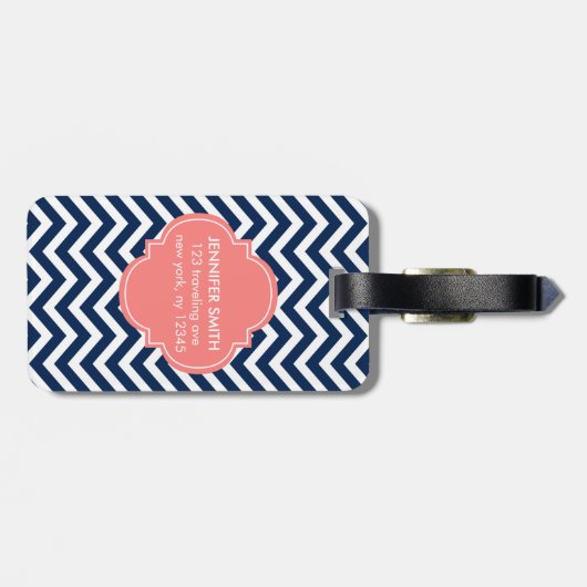 Monogram blauw en koraal zigzag Patroon Bagagelabel (Achterkant horizontaal)