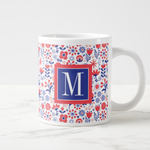 Monogram   Blauw- en koraalpatroon Grote Koffiekop