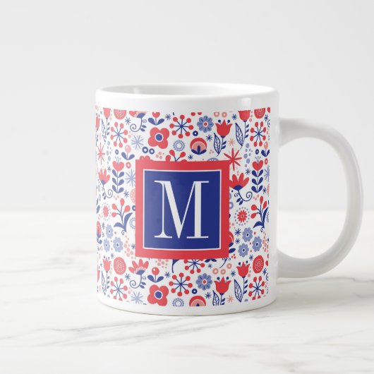 Monogram | Blauw- en koraalpatroon Grote Koffiekop (Rechts)