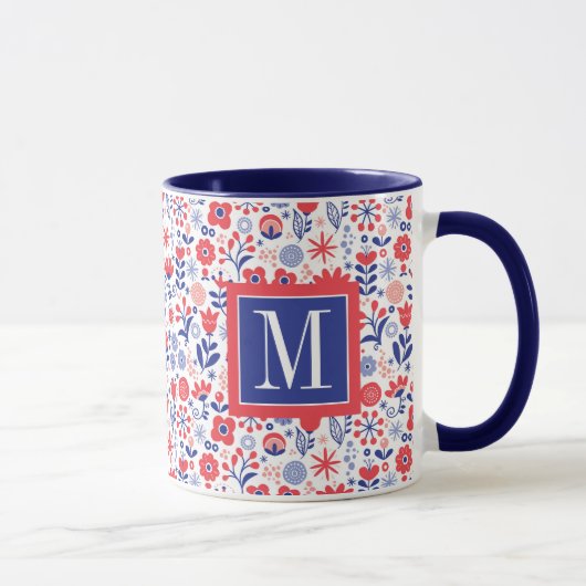 Monogram | Blauw- en koraalpatroon Mok (Rechts)