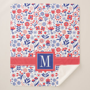 Monogram Blauw- en koraalpatroon Sherpa Deken