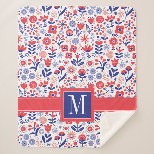 Monogram | Blauw- en koraalpatroon Sherpa Deken (Voorkant)