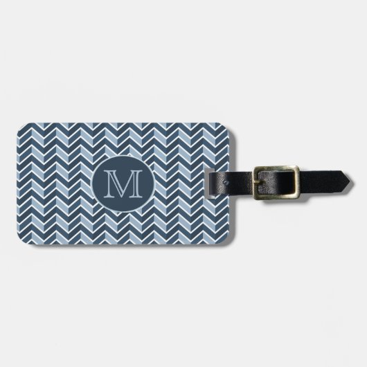 Monogram blauw en marineblauw Chevron Pattern Bagagelabel (Voorkant horizontaal)