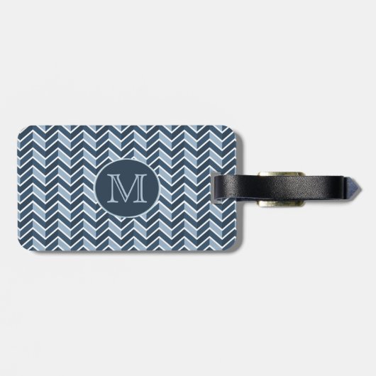 Monogram blauw en marineblauw Chevron Pattern Bagagelabel (Achterkant horizontaal)