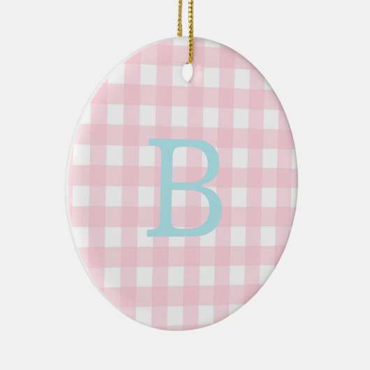 Monogram blauw en roze Gingham Keramisch Ornament (Rechts)