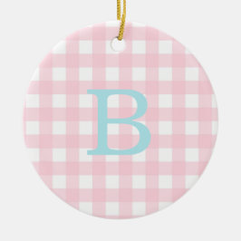Monogram blauw en roze Gingham Keramisch Ornament