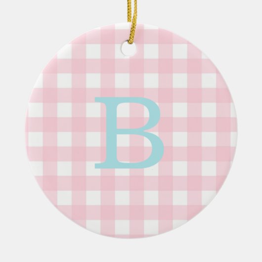 Monogram blauw en roze Gingham Keramisch Ornament (Voorkant)