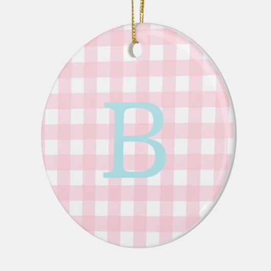 Monogram blauw en roze Gingham Keramisch Ornament (Links)
