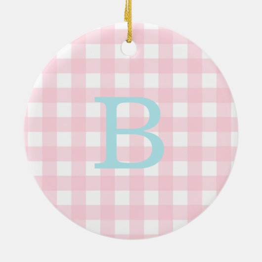 Monogram blauw en roze Gingham Keramisch Ornament (Achterkant)