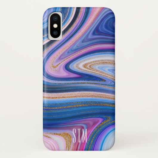 Monogram blauw en roze goudmarmer Case-Mate iPhone case (Achterkant)