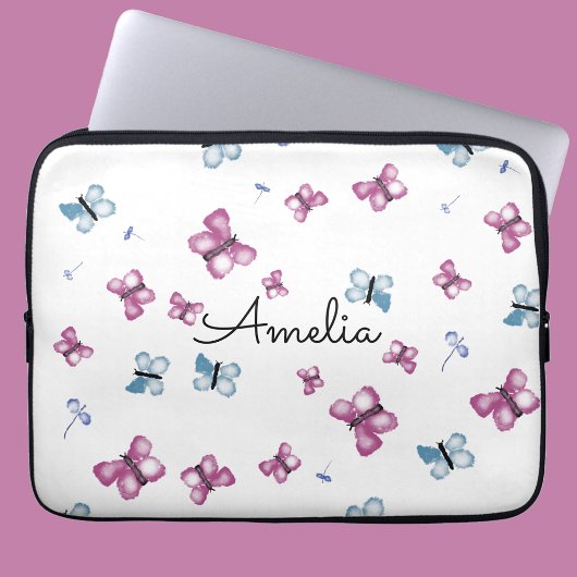 Monogram Blauw en roze vlinder Laptop Sleeve