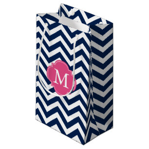 Monogram blauw en warm roze Zigzag Patroon Klein Cadeauzakje