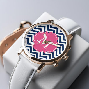 Monogram blauw en warm roze Zigzags Horloge