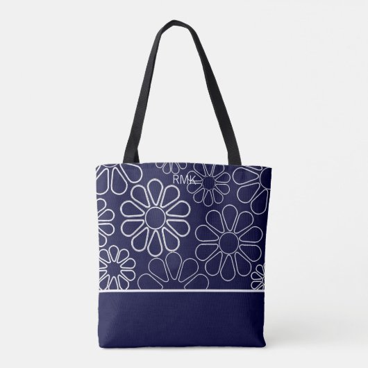 Monogram Blauw en Wit Bloemen Tote Bag (Achterkant)