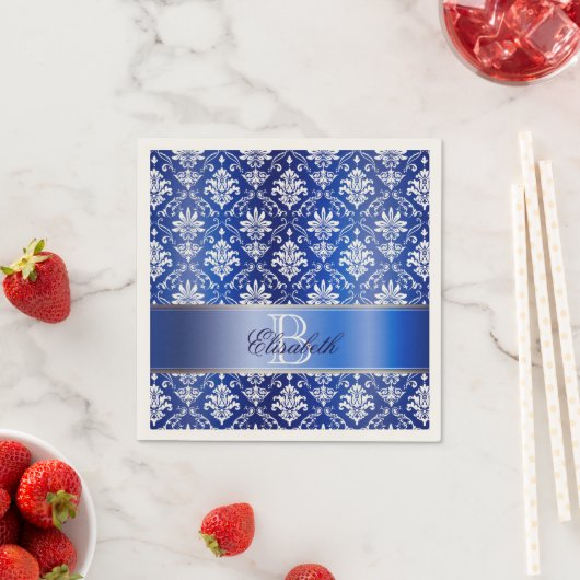 Monogram blauw en wit damast servet (Insitu)