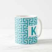 Monogram blauw en wit geometrisch patroon koffiemok (Voorkant rechts)