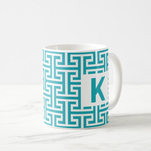 Monogram blauw en wit geometrisch patroon koffiemok (Voorkant rechts)