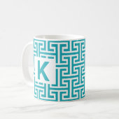 Monogram blauw en wit geometrisch patroon koffiemok (Voorkant links)