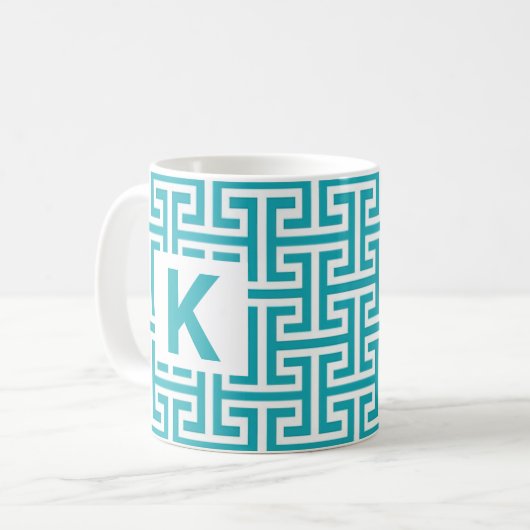 Monogram blauw en wit geometrisch patroon koffiemok (Voorkant links)