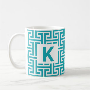 Monogram blauw en wit geometrisch patroon koffiemok