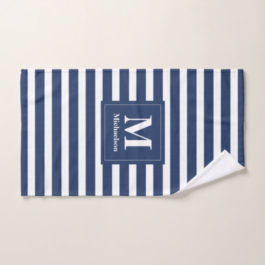 Monogram blauw en wit gestreept patroon bad handdoek (Handdoek)