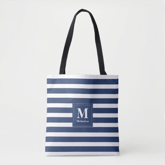Monogram blauw en wit gestreept tote bag (Voorkant)