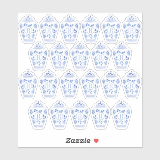 Monogram blauw en wit gingerpot sticker (Vel)