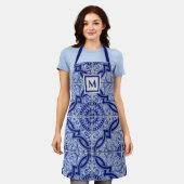 Monogram Blauw en Wit Mediterraan Tegel Patroon Schort (Gedragen)