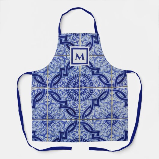 Monogram Blauw en Wit Mediterraan Tegel Patroon Schort (Voorkant)
