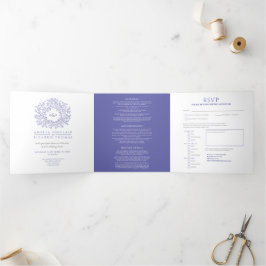 Monogram blauw en witte bruiloft drieluik uitnodiging
