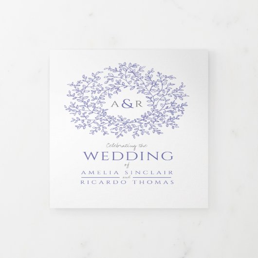 Monogram blauw en witte bruiloft drieluik uitnodiging (Cover)