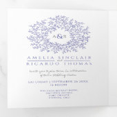 Monogram blauw en witte bruiloft drieluik uitnodiging (Binnenzijde eerst)