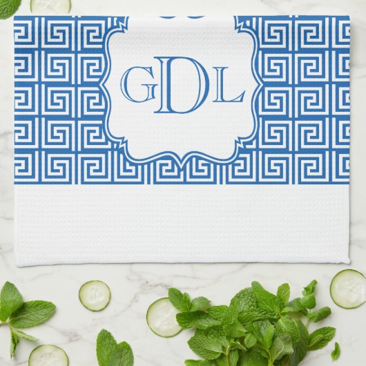 Monogram Blauw en Witte Griekse Keukenhanddoek (Gevouwen)