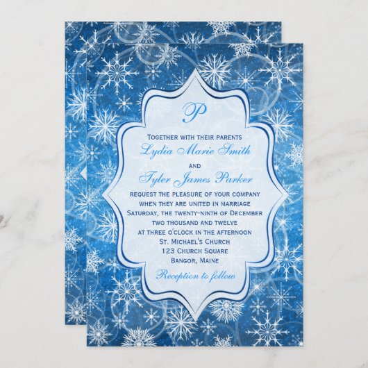 Monogram Blauw en Witte Snowflakes Wedding Invite Kaart (Voorkant / Achterkant)
