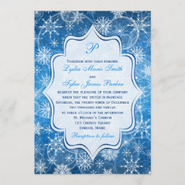 Monogram Blauw en Witte Snowflakes Wedding Invite Kaart