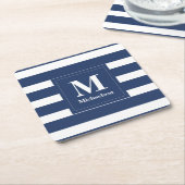 Monogram Blauw en Witte Striped Kartonnen Onderzetters (Schuin)