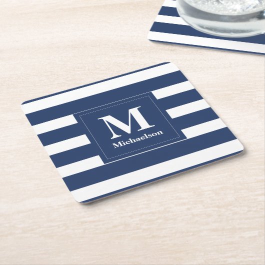 Monogram Blauw en Witte Striped Kartonnen Onderzetters (Schuin)