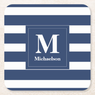 Monogram Blauw en Witte Striped Kartonnen Onderzetters