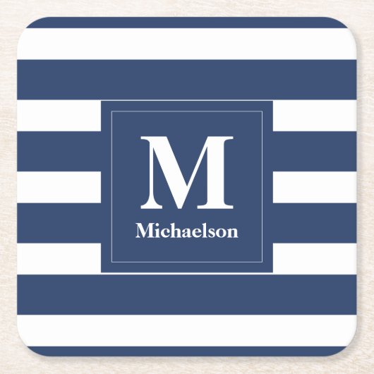 Monogram Blauw en Witte Striped Kartonnen Onderzetters (Voorkant)